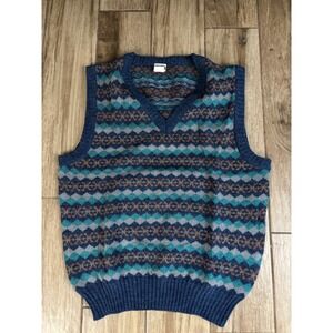 Vintage 90s Levis Sweater Vest Large Blue Geometric V Neck Made in Taiwan